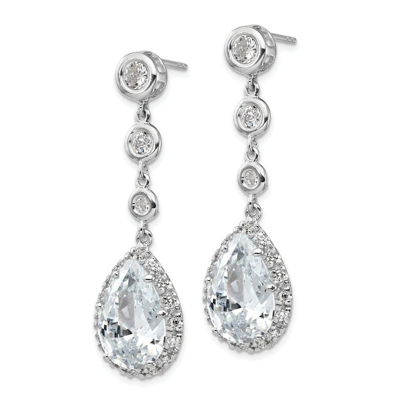 Sterling Silver Rhodium-plated Brilliant-cut CZ Bezel &amp; Teardrop Halo Post Dangle Earrings