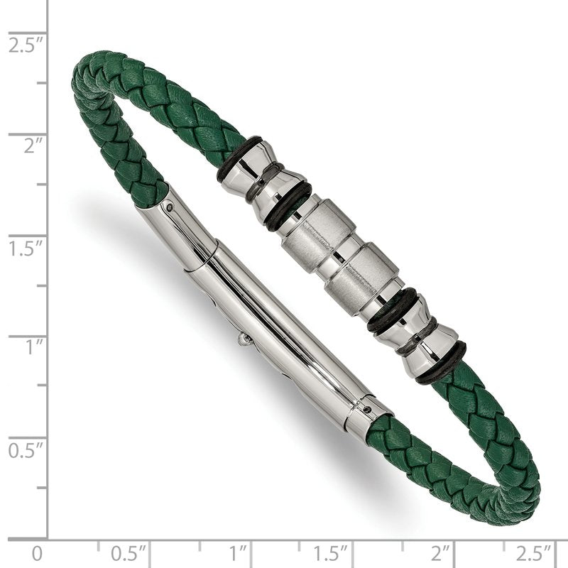 Stainless Steel Brushed and Polished Black IP-plated with Rubber Green Braided Leather Adjustable 7.75 to 8.25 inch Bracelet