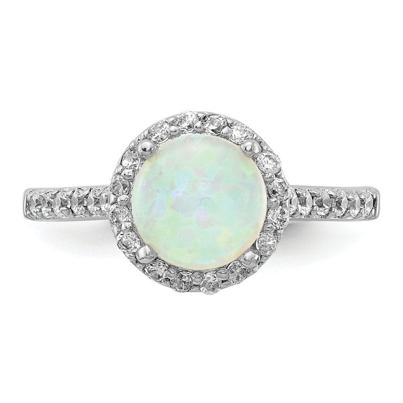 Sterling Silver Rhodium-plated Cabochon Lab Created Opal and Brilliant-cut CZ Halo Ring