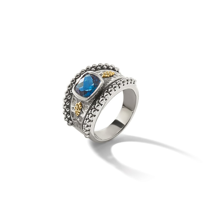 Sterling Silver with 14K Accent Antiqued Checkerboard Cushion London Blue Topaz Ring