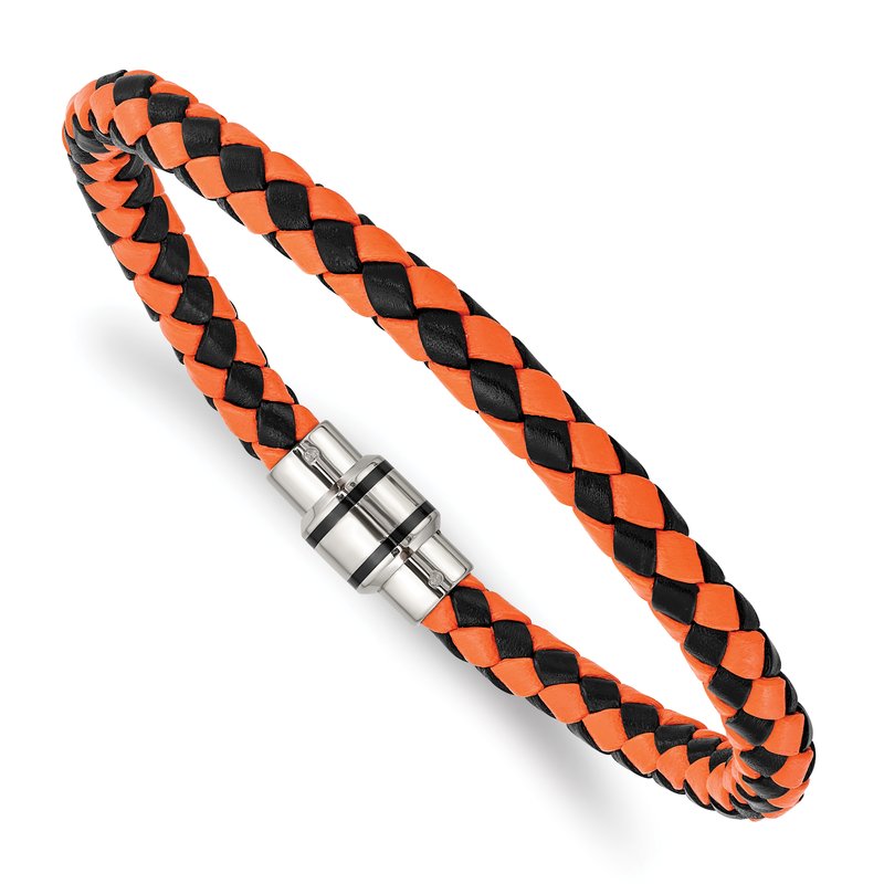 Stainless Steel Polished Black IP-plated Black and Orange Braided Leather 9 inch Bracelet
