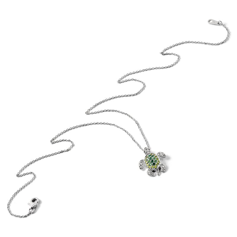 Sterling Silver Rhodium-plated Brilliant-cut Green Glass and Brilliant-cut White CZ Turtle 18 Inch Necklace