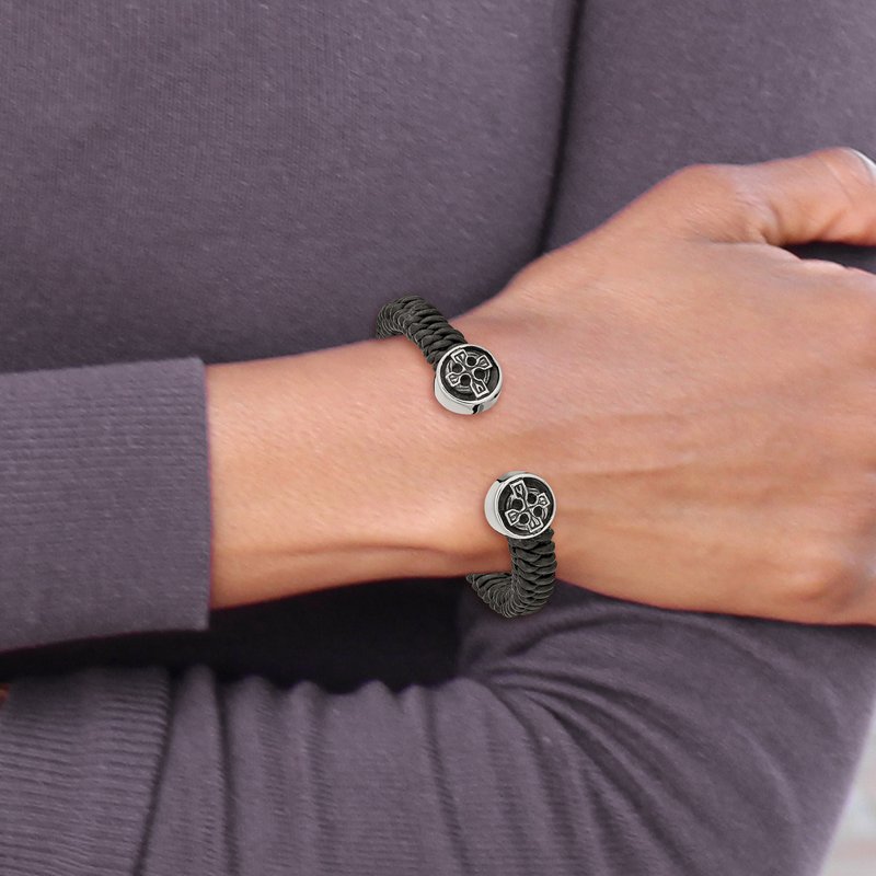 Stainless Steel Antiqued and Polished Black Leather Celtic Cross Cuff Bangle