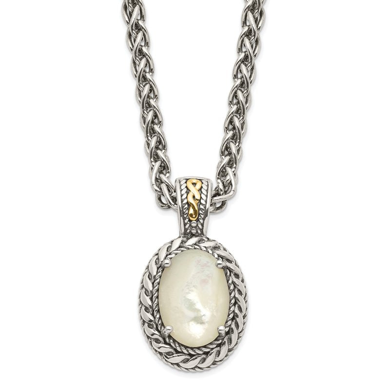 Sterling Silver with 14K Accent 18 Inch Antiqued Mother Of Pearl Necklace