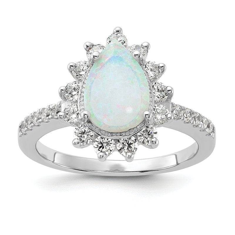 Sterling Silver Rhodium-plated Cabochon Lab Created Opal and Brilliant-cut CZ Teardrop Halo Ring