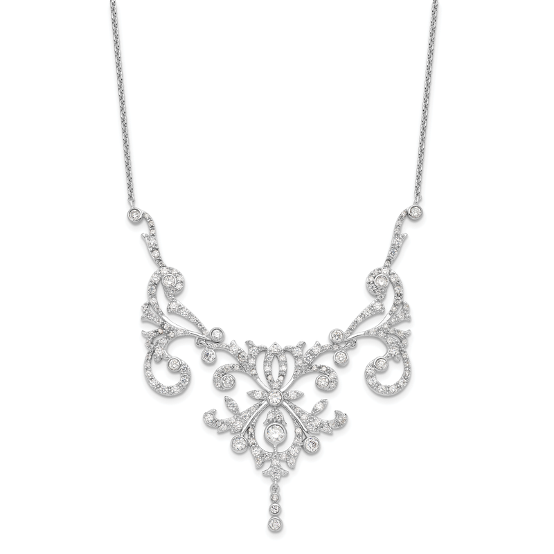 Sterling Silver Rhodium-plated Brilliant-cut CZ Bezel Fancy Scroll 17 Inch Necklace with 2 Inch Extender
