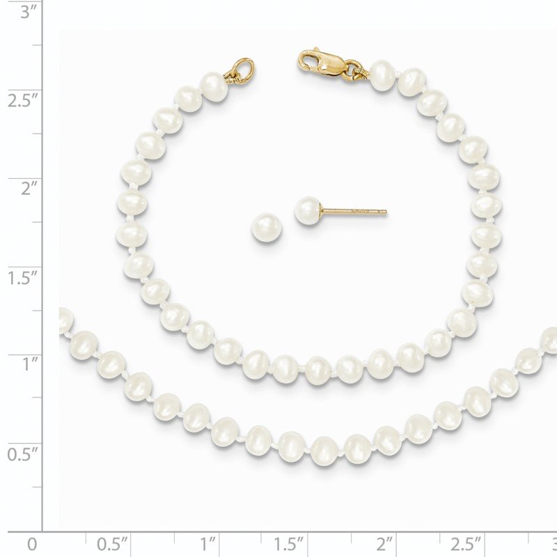 14k 3-4mm White Freshwater Cultured Pearl 14 inch Necklace, 5 inch Bracelet and Post Earrings Set