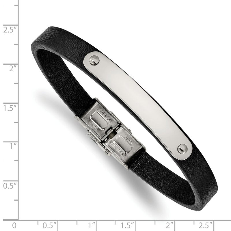 Stainless Steel Polished Black Leather 8.5 inch ID Bracelet
