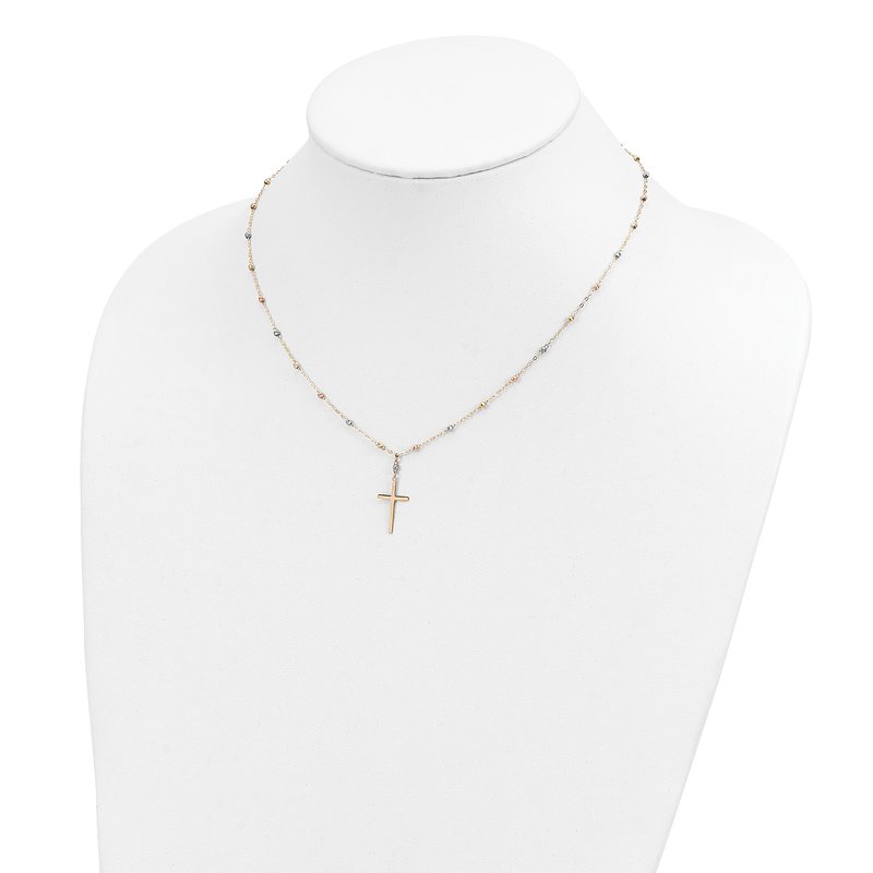 14k Tri-color Diamond-cut Beaded Chain with Polished Cross Pendant 17 inch Necklace