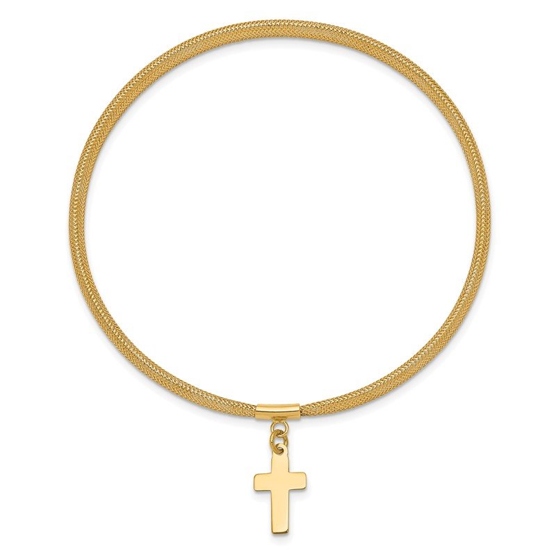 14K 4mm Cross Dangle Woven Mesh Slip-on Stretch Bracelet