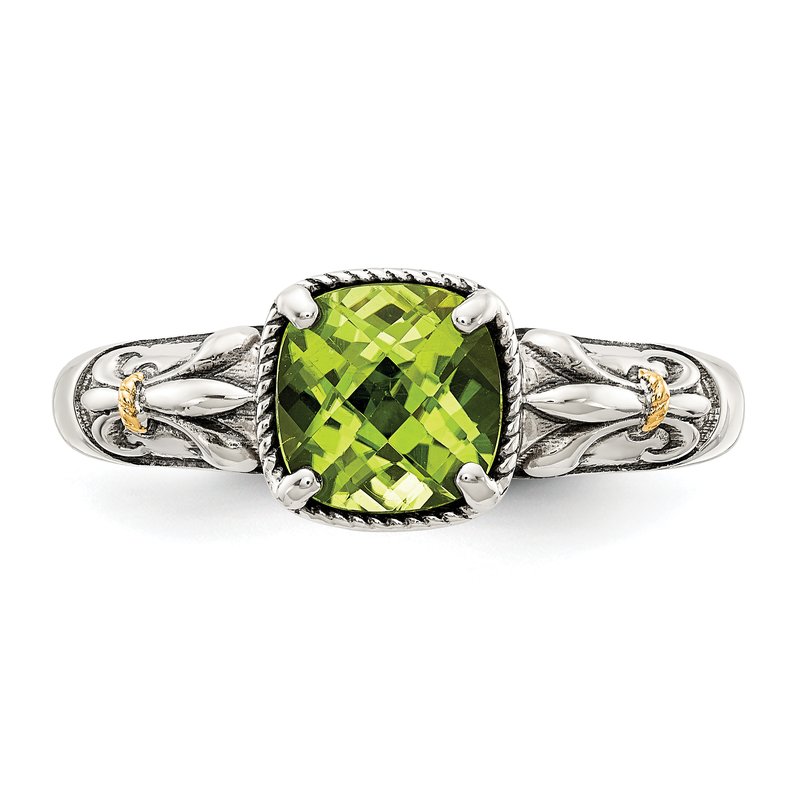 Sterling Silver with 14K Accent Antiqued Cushion Peridot Ring