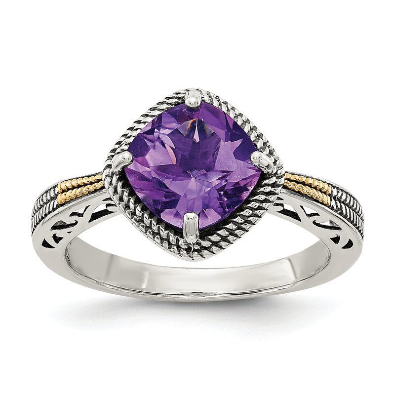 Sterling Silver with 14K Accent Antiqued Cushion Amethyst Ring