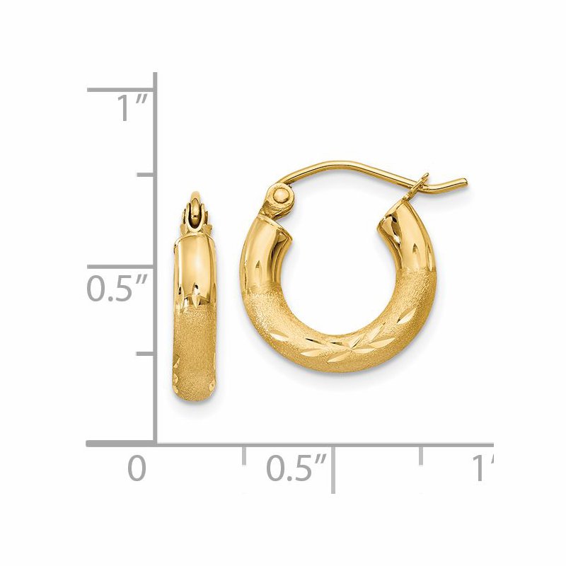 14k Satin and Diamond-cut 3mm Round Hoop Earrings