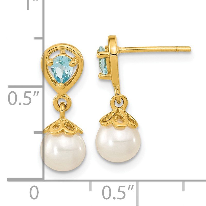 14K 6-7mm White Round Freshwater Cultured Pearl and 3.14BT Pear Light Swiss Blue Topaz Dangle Post Earrings