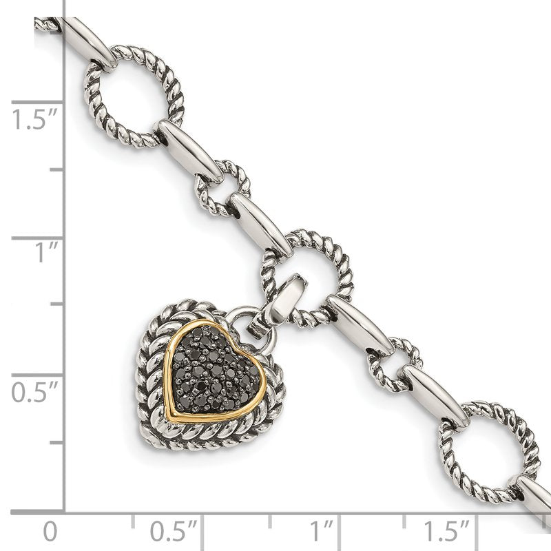 Sterling Silver with 14K Accent 8 Inch Antiqued Black Diamond Heart Link Bracelet