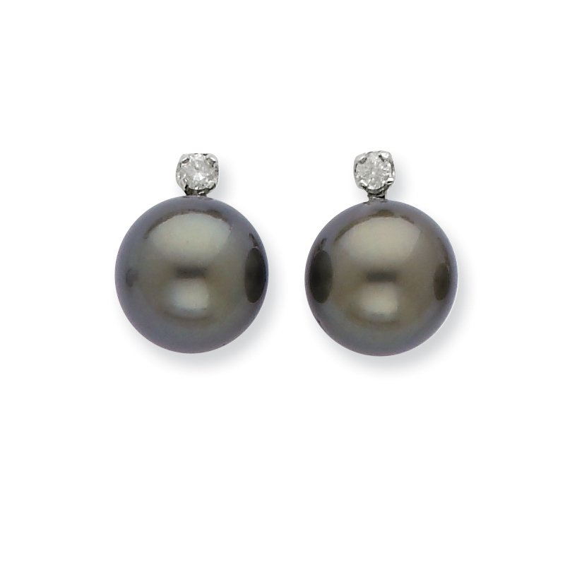14k White Gold 10-11mm Black Round Tahitian Saltwater Cultured Pearl and .10 Carat Diamond Post Earring
