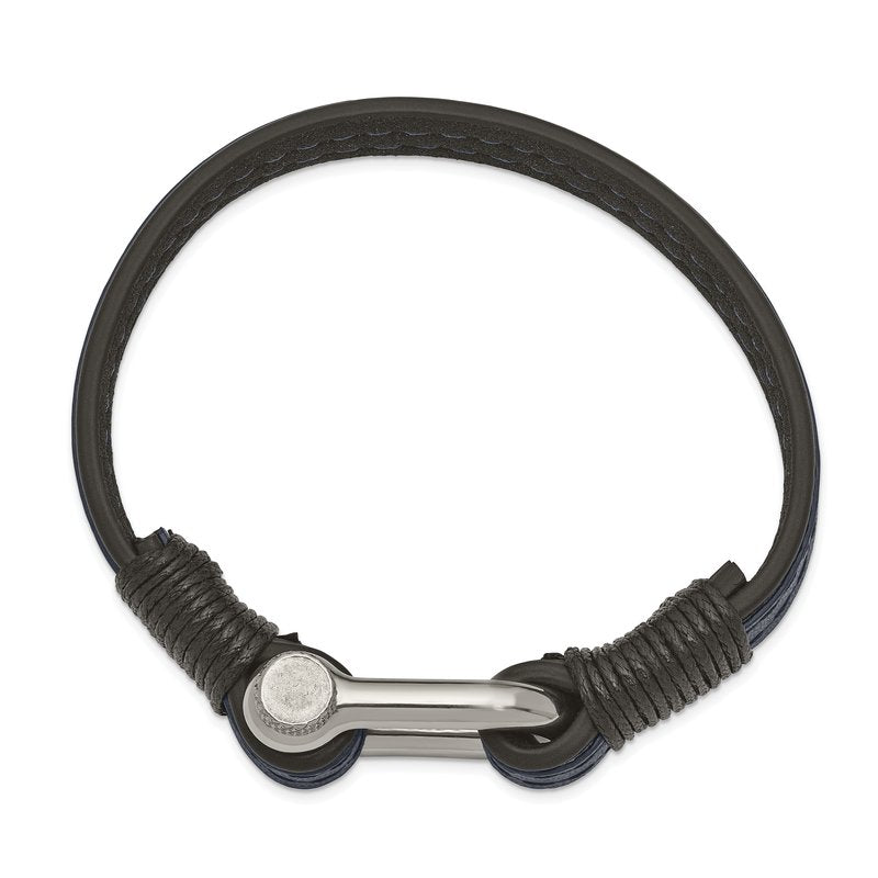 Stainless Steel Polished Shackle Black and Blue Leather 8.25 inch Bracelet