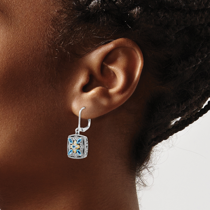 Sterling Silver with 14K Accent Antiqued Diamond and Marquise Blue Topaz Leverback Earrings