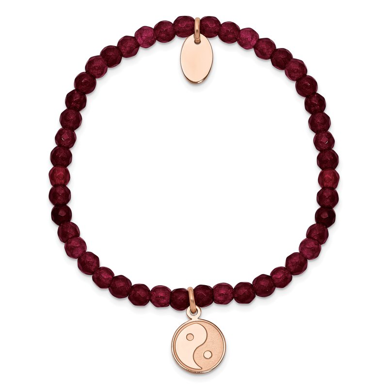 Stainless Steel Polished and Satin Rose IP-plated YingYang 4mm Red Jade Beaded Stretch Bracelet