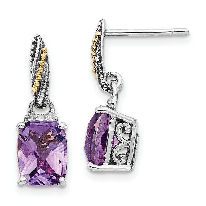 Sterling Silver with 14K Accent Antiqued Diamond and Cushion Amethyst Dangle Post Earrings