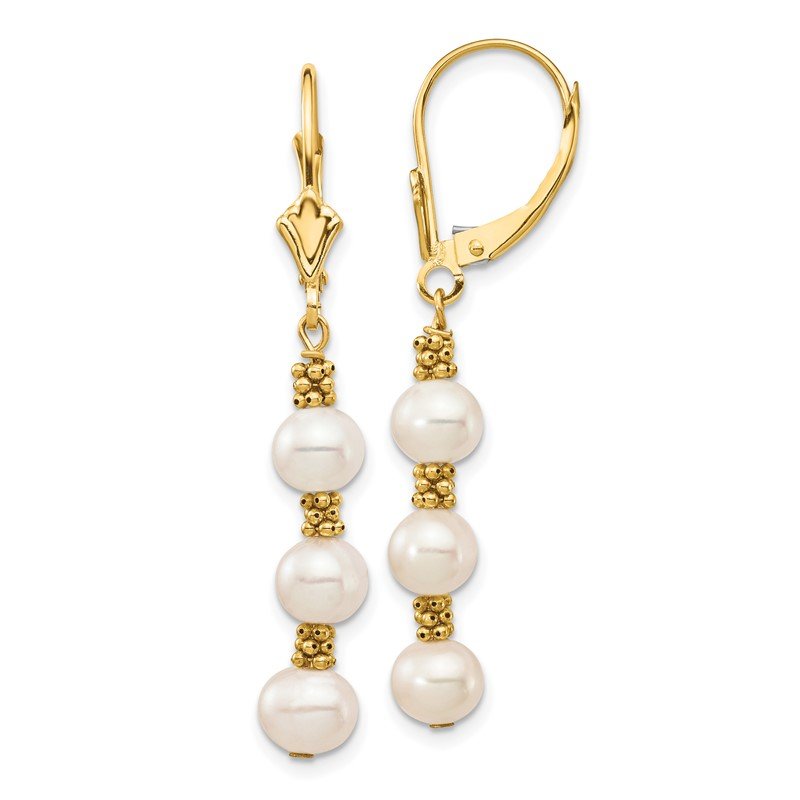 14k 5-6mm White Semi-Round Freshwater Cultured Pearl Dangle Leverback Earrings