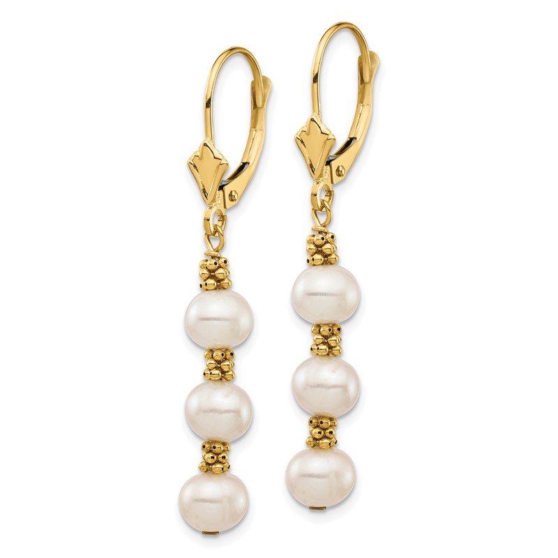 14k 5-6mm White Semi-Round Freshwater Cultured Pearl Dangle Leverback Earrings