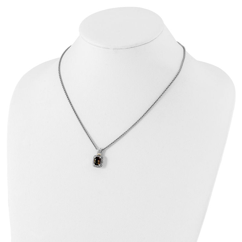 Sterling Silver with 14K Accent 18 Inch Antiqued Cushion Checkerboard Smoky Quartz Necklace