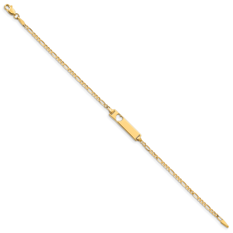 14k Polished Solid Chain/Solid Plate Figaro Link Cut-out Heart 20x5mm Plate 7 inch ID Bracelet