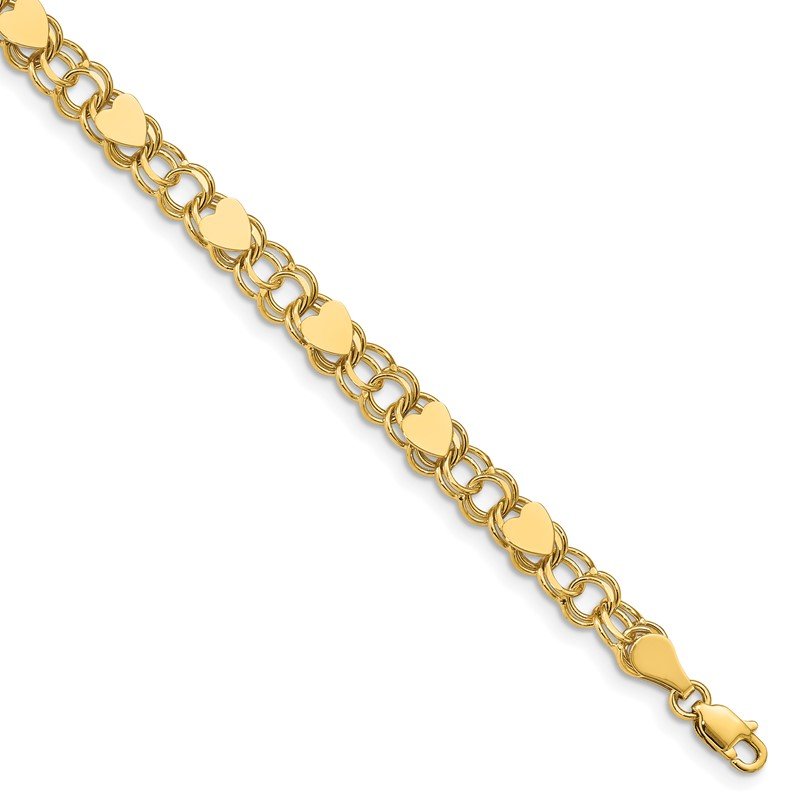 14k 6mm Solid Double Link with Hearts 7 inch Charm Bracelet