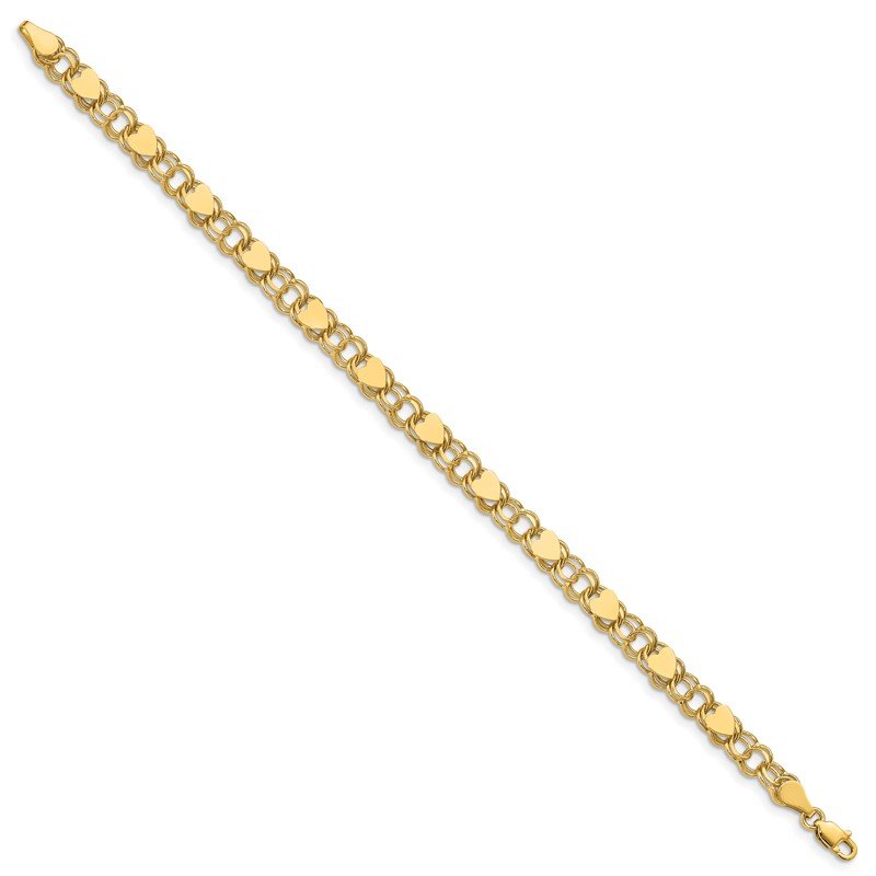 14k 6mm Solid Double Link with Hearts 7 inch Charm Bracelet
