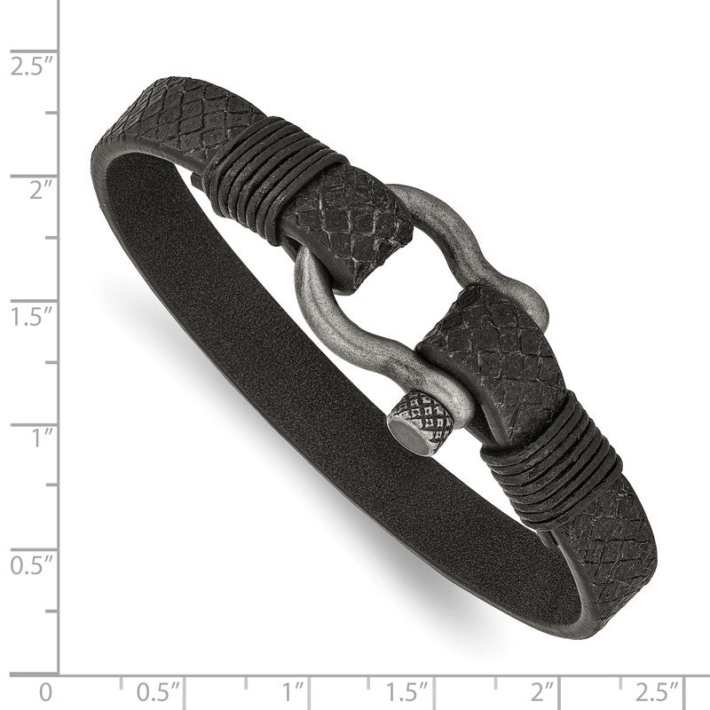 Stainless Steel Antiqued White Bronze Plated Shackle Textured Black Leather 8 inch Bracelet