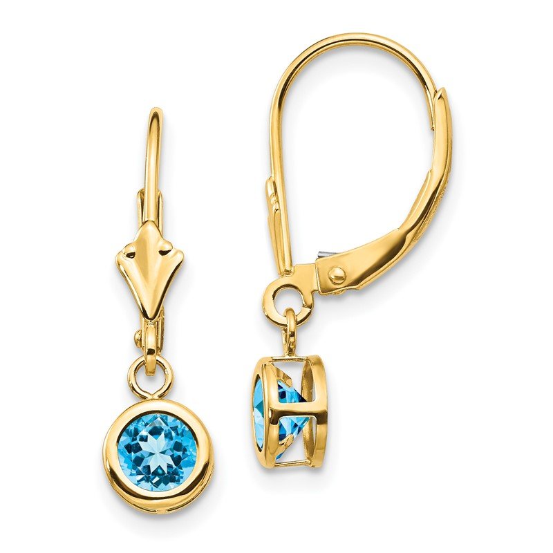 14k 5mm Round Blue Topaz Bezel Leverback Dangle Earrings