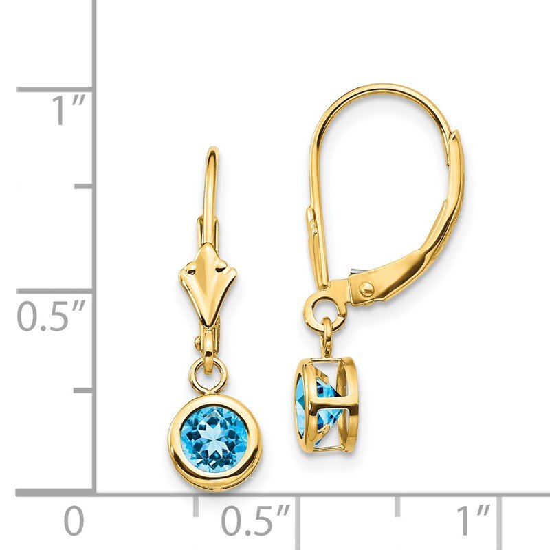 14k 5mm Round Blue Topaz Bezel Leverback Dangle Earrings