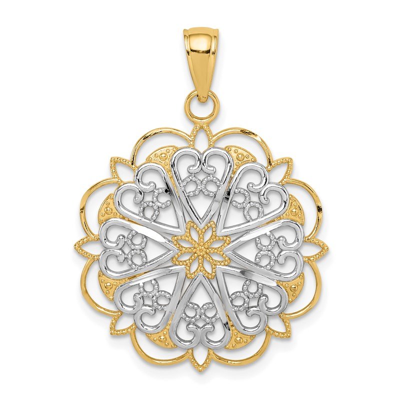 14K and White Rhodium Filigree Hearts with Scalloped Edge Pendant
