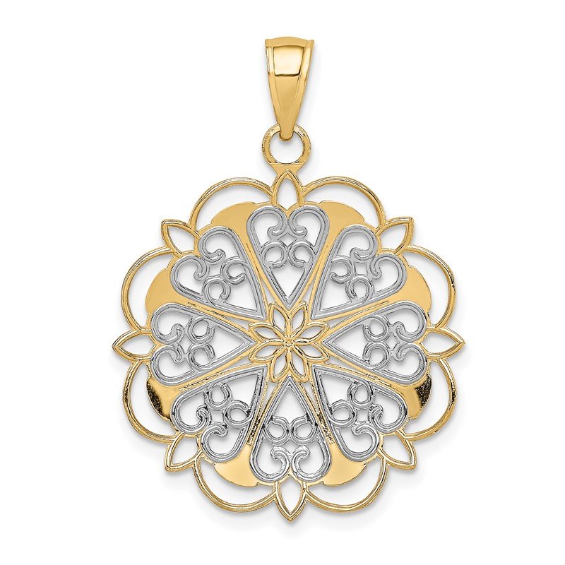 14K and White Rhodium Filigree Hearts with Scalloped Edge Pendant