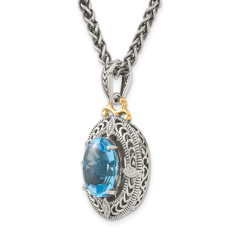 Sterling Silver with 14K Accent 18 Inch Antiqued Diamond and Oval Blue Topaz Necklace