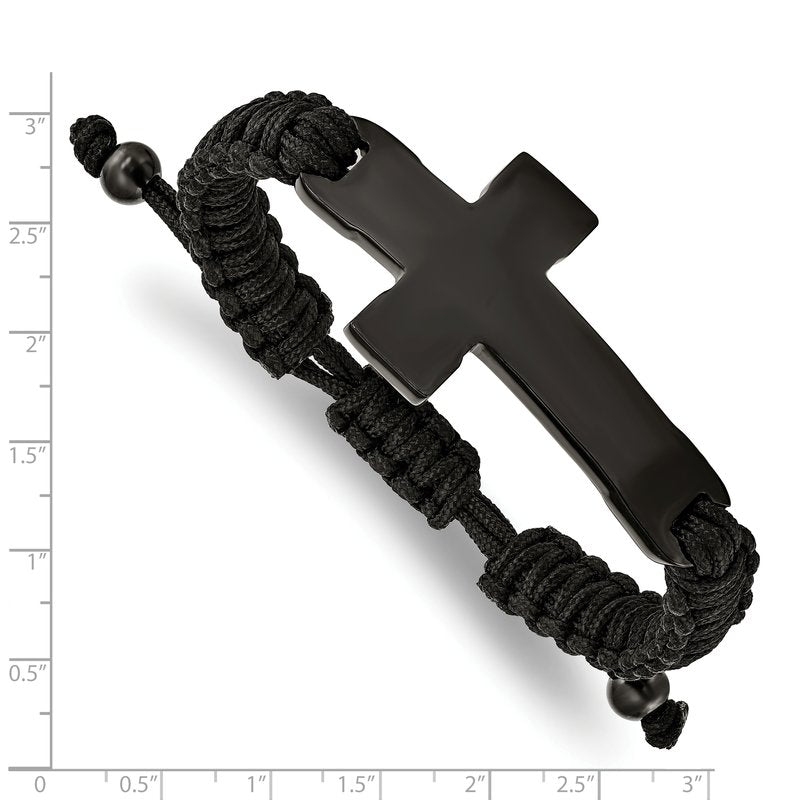 Stainless Steel Polished Black IP-plated Cross Black Nylon Adjustable Bracelet