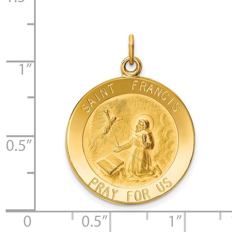 14k Polished and Satin Solid St Francis Medal Round Pendant