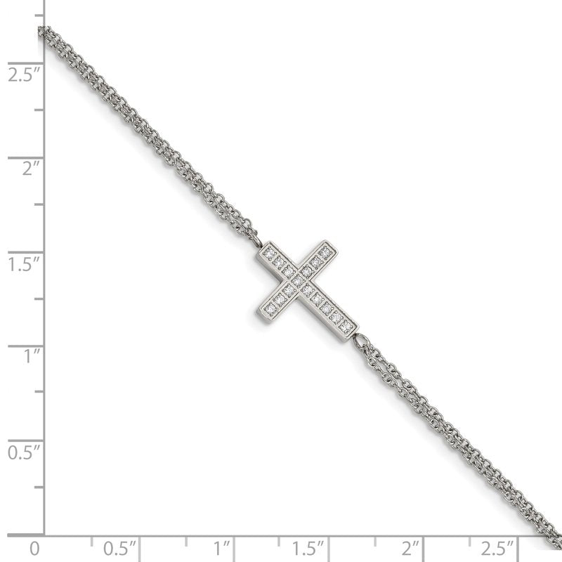Stainless Steel Polished CZ Sideways Cross 6.25 inch Bracelet with 2 inch Extension