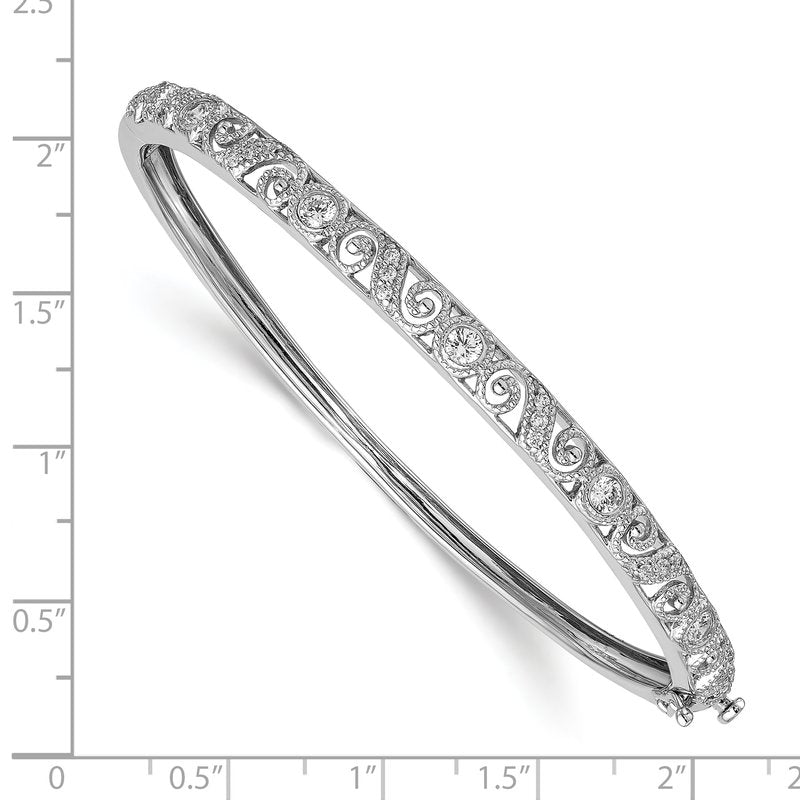 14k White Gold Swirl Design Complete 3/4 carat A Diamond Hinged Oval Bangle Bracelet