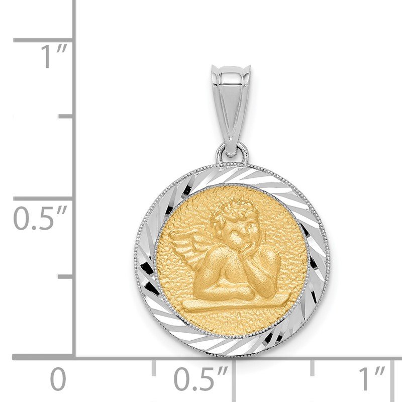 14K Two-tone Polished and Diamond-cut Bezel Angel Round Pendant