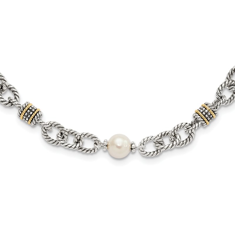 Sterling Silver with 14K Accent 18.5 Inch Antiqued 8-8.5mm Freshwater Cultured Pearl Necklace