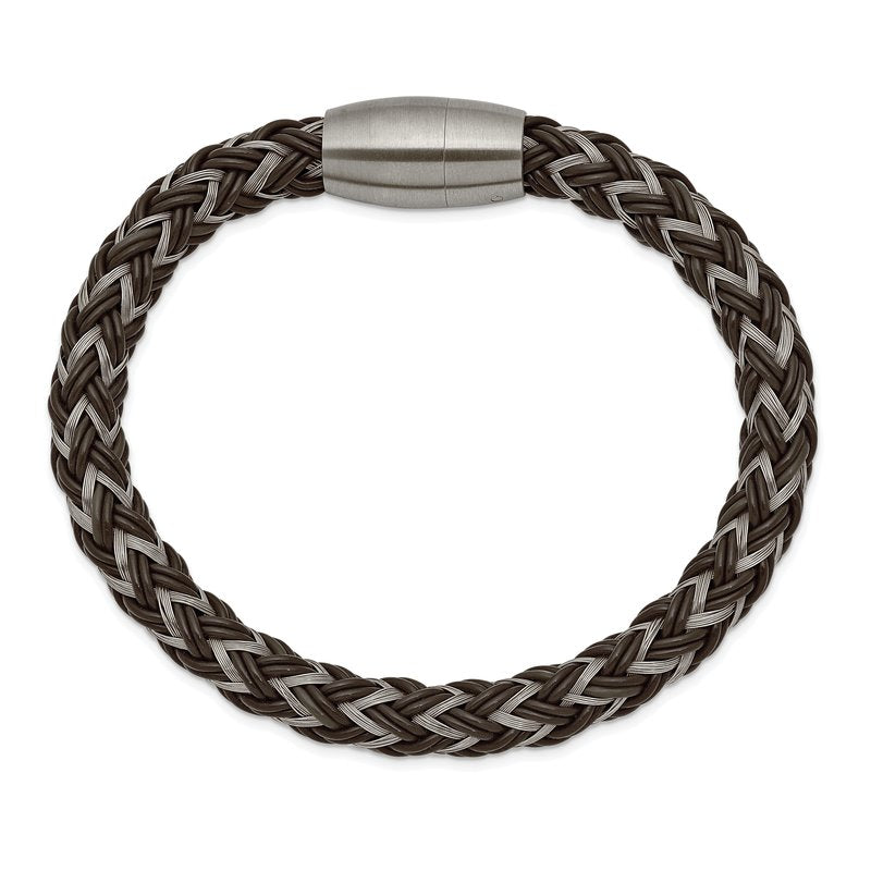 Stainless Steel Brushed Braided Wire and Brown Rubber 8.5 inch Bracelet