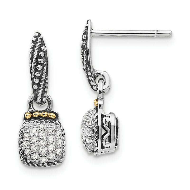 Sterling Silver with 14K Accent Antiqued Diamond Dangle Post Earrings