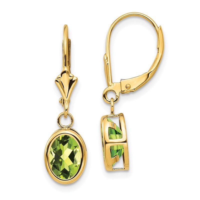 14k 8x6mm Oval Peridot Bezel Leverback Dangle Earrings