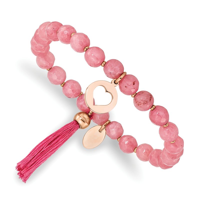 Stainless Steel Polished Rose IP-plated Heart 6mm Pink Jade Beaded Stretch Bracelet with Tassel