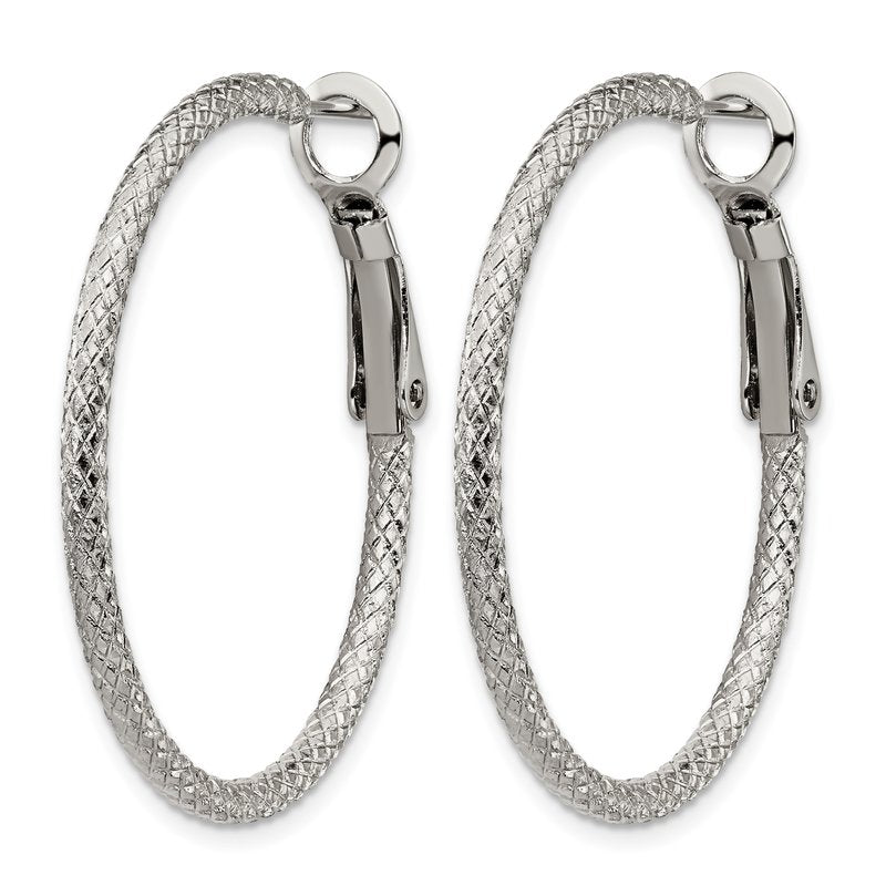 Stainless Steel Polished and Textured 2mm Omega Back Hoop Earrings