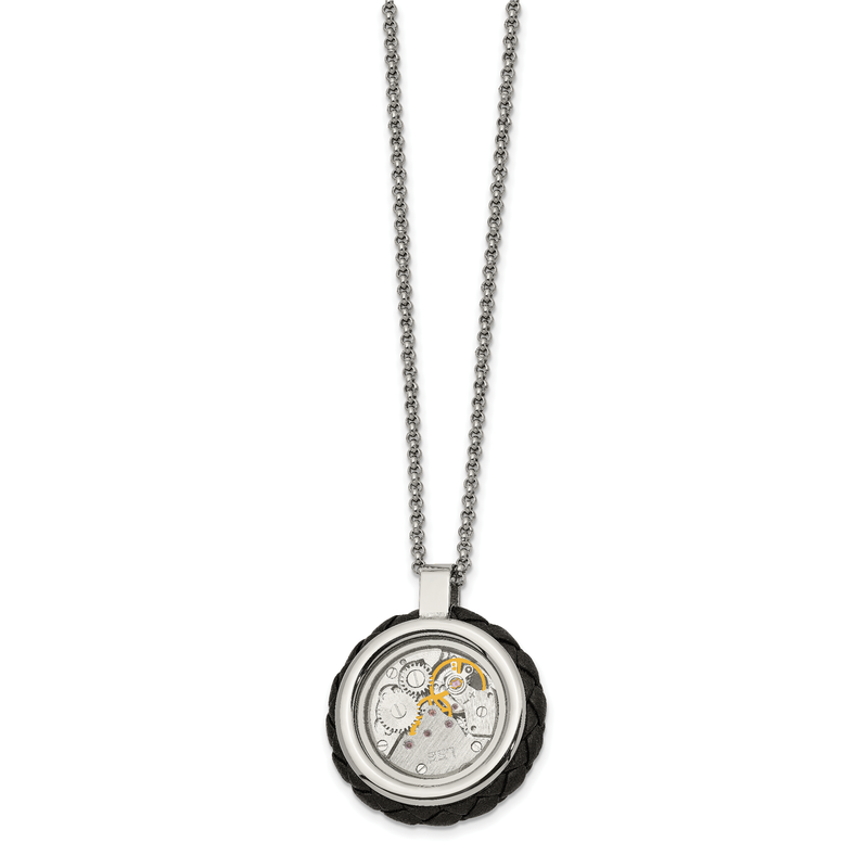 Stainless Steel Brushed and Polished Yellow IP-plated with CZ and Leather Edge Pendant on a 22 inch Cable Chain Necklace