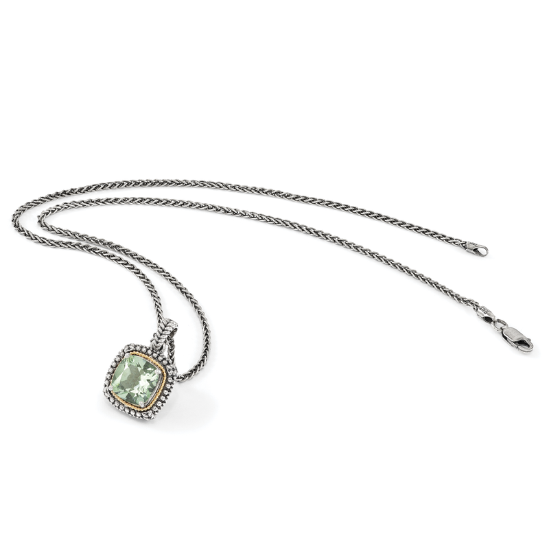 Sterling Silver with 14K Accent 18 Inch Antiqued Cushion Green Quartz Necklace