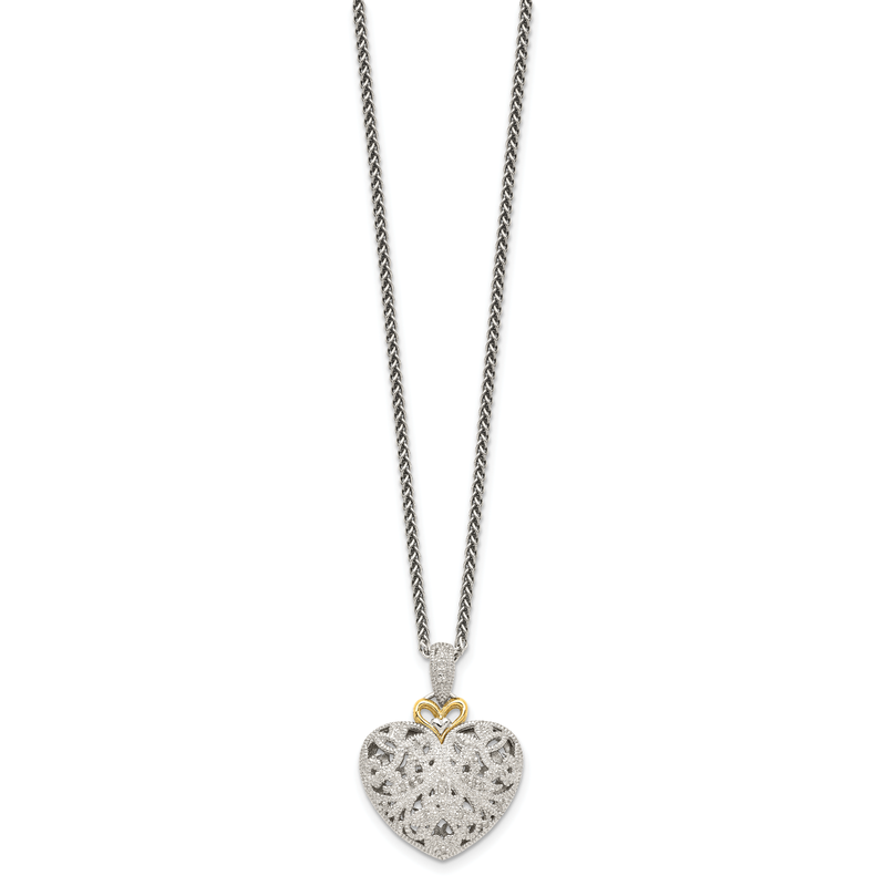 Sterling Silver Antiqued with 14K Accent 18 Inch Diamond Vintage Heart Necklace